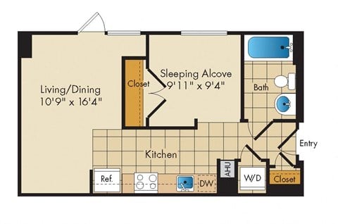 Floor plan for studio, 1 bath, 513 sqft