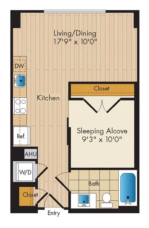 Floor plan for studio, 1 bath, 558 sqft