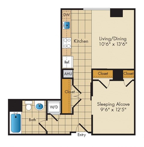 Floor plan for studio, 1 bath, 602 sqft