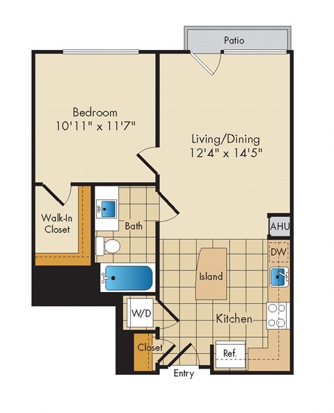 Floor plan for 1 bed, 1 bath, 640 sqft
