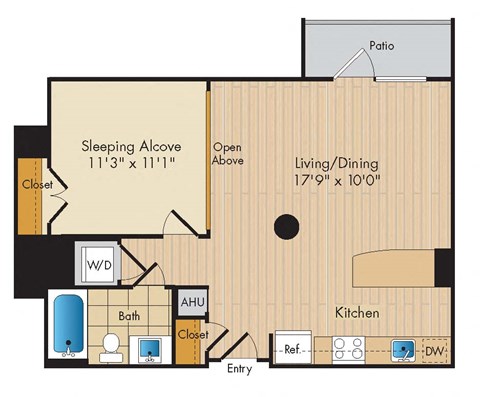Floor plan for 1 bed, 1 bath, 657 sqft