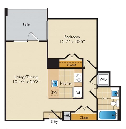 Floor plan for 1 bed, 1 bath, 675 sqft