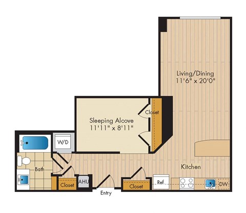 Floor plan for 1 bed, 1 bath, 681 sqft