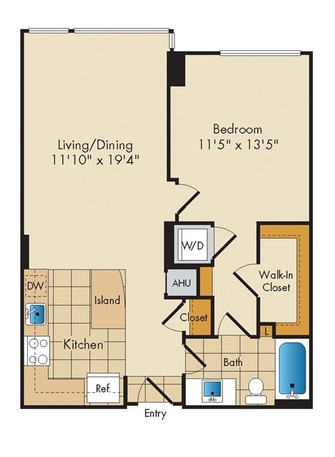 Floor plan for 1 bed, 1 bath, 738 sqft