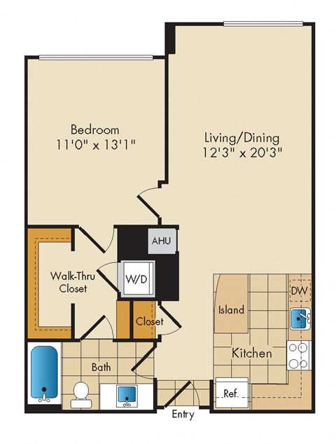Floor plan for 1 bed, 1 bath, 752 sqft