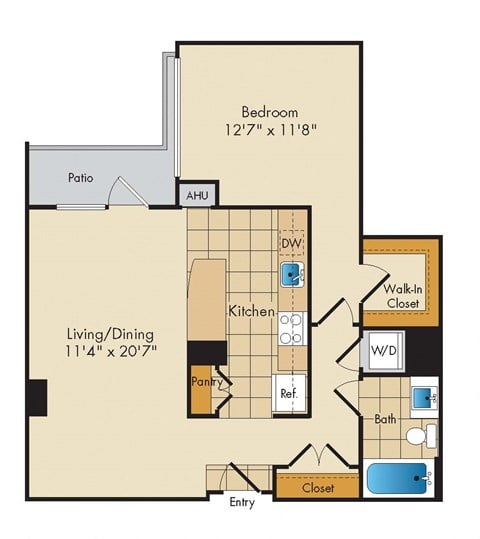 Floor plan for 1 bed, 1 bath, 792 sqft