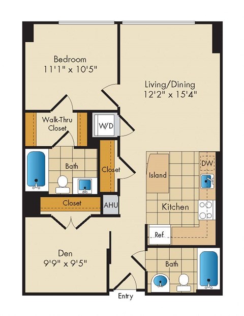 Floor plan for 1 bed, 2 baths, 809 sqft