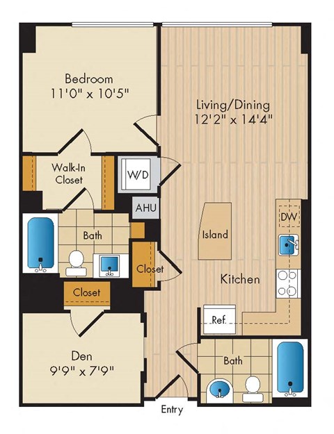 Floor plan for 1 bed, 2 baths, 783 sqft