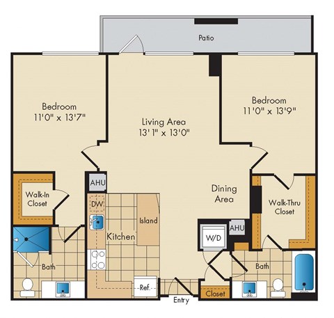 Floor plan for 2 beds, 2 baths, 1067 sqft