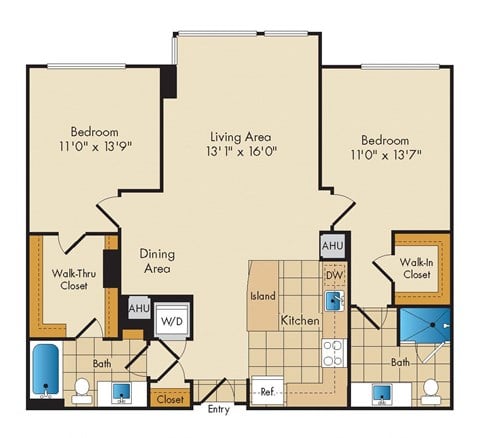 Floor plan for 2 beds, 2 baths, 1112 sqft