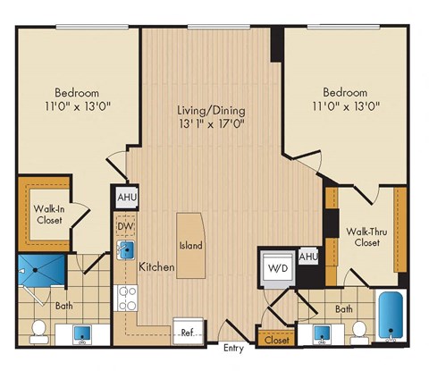 Floor plan for 2 beds, 2 baths, 1069 sqft