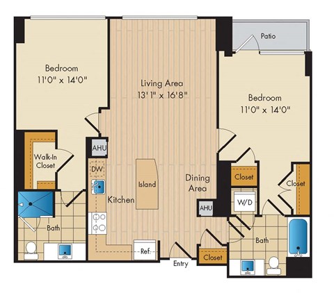 Floor plan for 2 beds, 2 baths, 1087 sqft