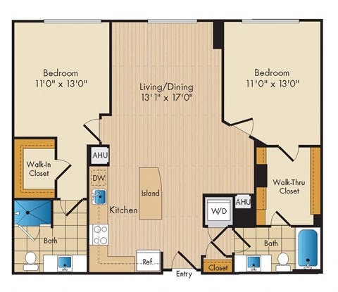 Floor plan for 2 beds, 2 baths, 1105 sqft