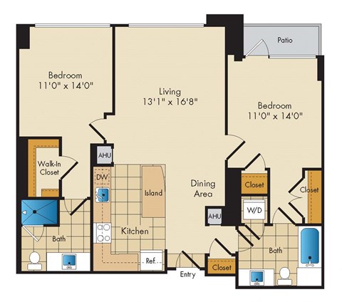 Floor plan for 2 beds, 2 baths, 1061 sqft
