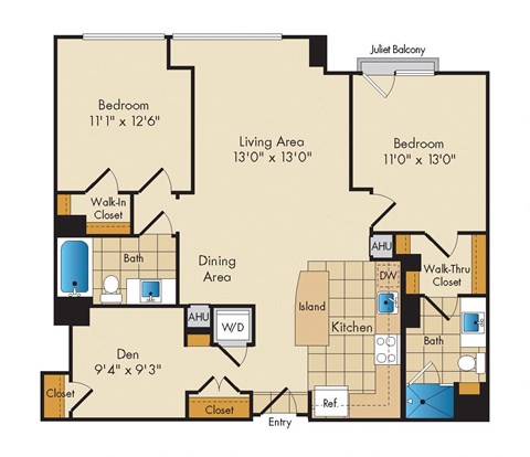 Floor plan for 2 beds, 2 baths, 1138 sqft