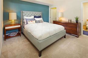 Washington apartment for rent - A bedroom with a large bed and a nightstand with a lamp.