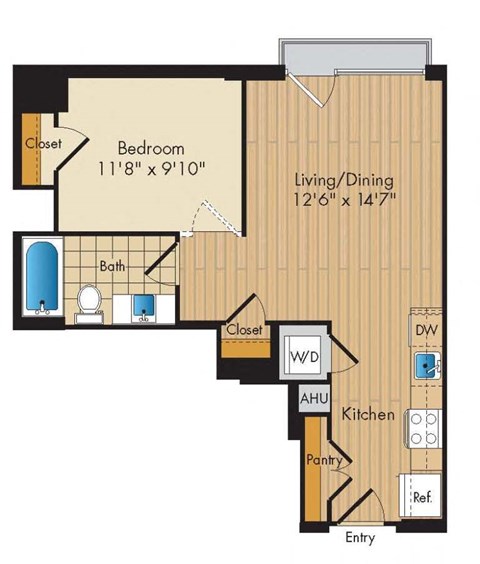 Floor plan for studio, 1 bath, 586 sqft
