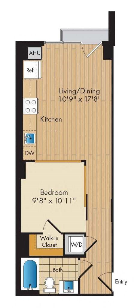 Floor plan for studio, 1 bath, 595 sqft