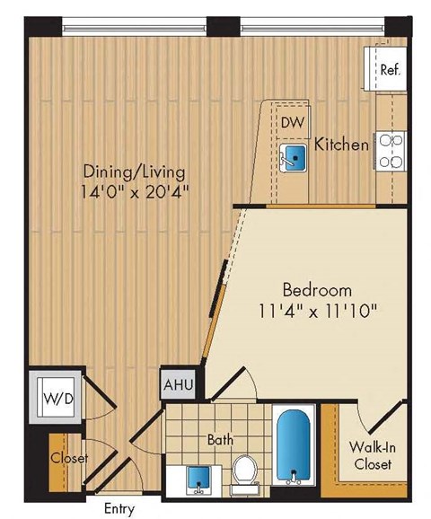 Floor plan for 1 bed, 1 bath, 719 sqft