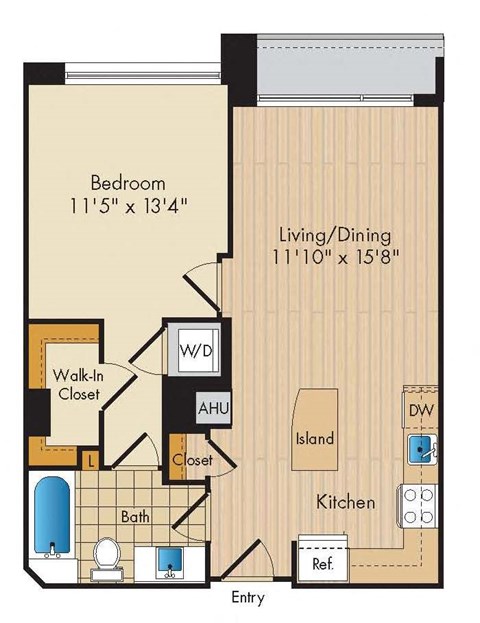 Floor plan for 1 bed, 1 bath, 684 sqft