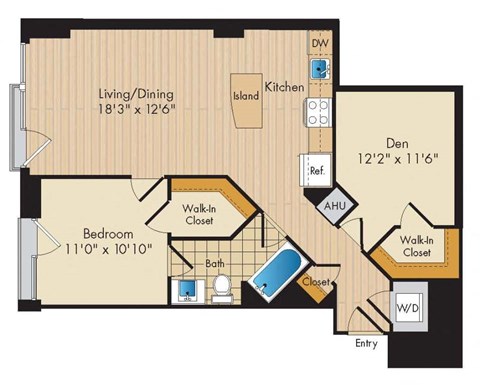 Floor plan for 1 bed, 1 bath, 886 sqft