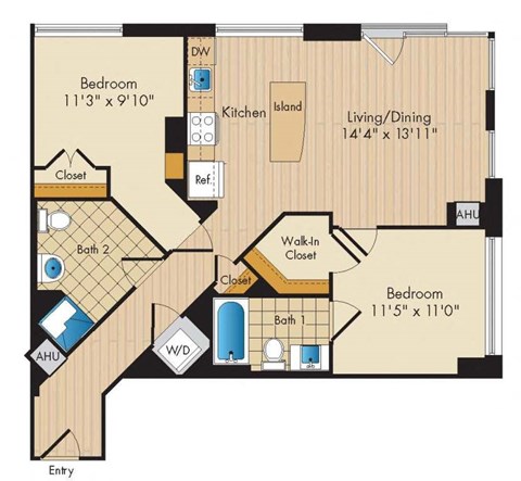 Floor plan for 2 beds, 2 baths, 975 sqft