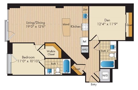 Floor plan for 1 bed, 2 baths, 1007 sqft