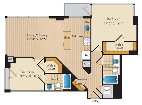Floor plan for 2 beds, 2 baths, 1067 sqft