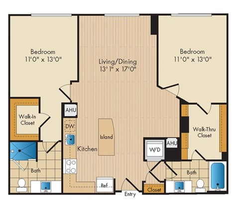Floor plan for 2 beds, 2 baths, 1069 sqft