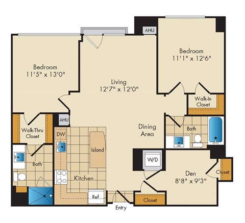 Floor plan for 2 beds, 2 baths, 1115 sqft