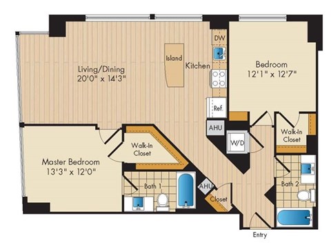 Floor plan for 2 beds, 2 baths, 1163 sqft