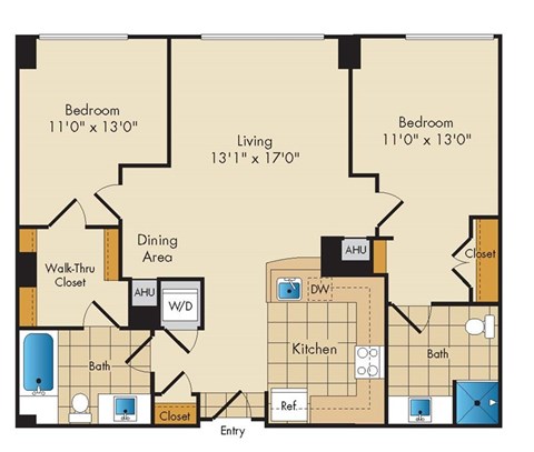 Floor plan for 2 beds, 2 baths, 1165 sqft