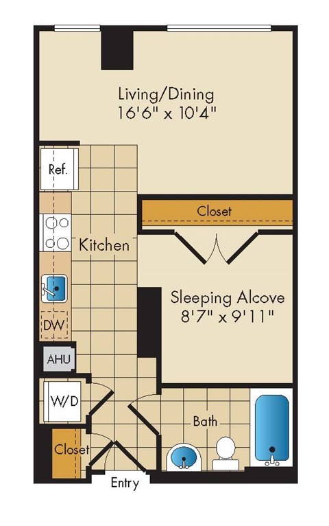 Floor plan for studio, 1 bath, 504 sqft