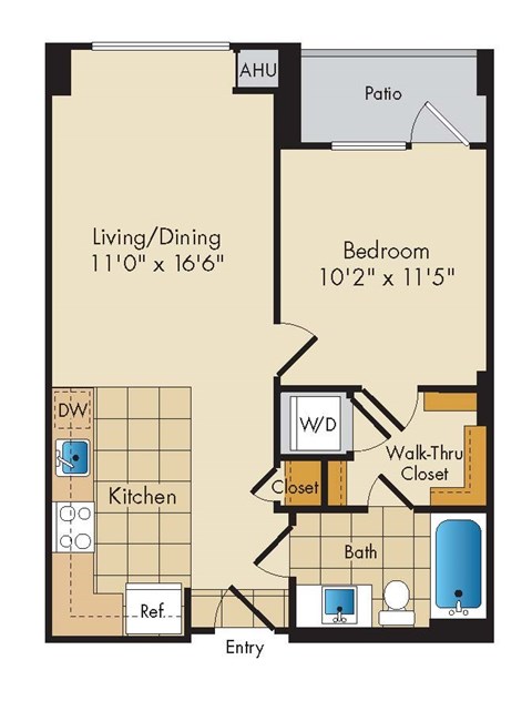 Floor plan for 1 bed, 1 bath, 616 sqft