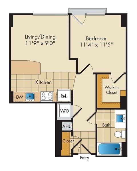 Floor plan for 1 bed, 1 bath, 630 sqft