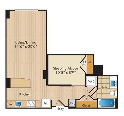 Floor plan for studio, 1 bath, 647 sqft