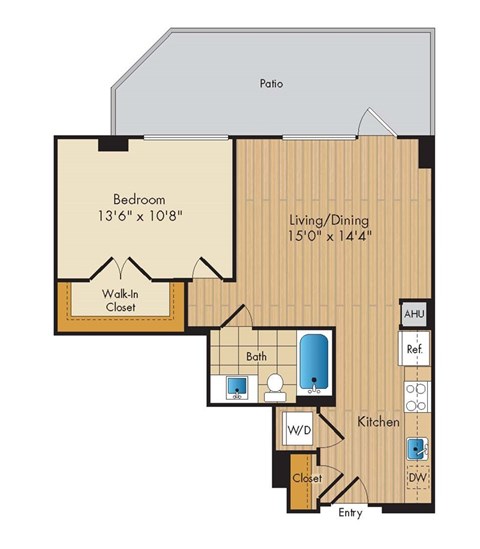 Floor plan for 1 bed, 1 bath, 667 sqft
