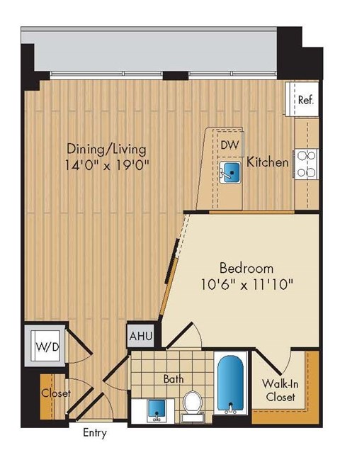 Floor plan for 1 bed, 1 bath, 686 sqft