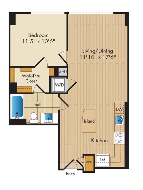 Floor plan for 1 bed, 1 bath, 686 sqft