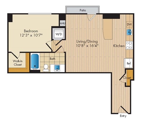 Floor plan for 1 bed, 1 bath, 703 sqft