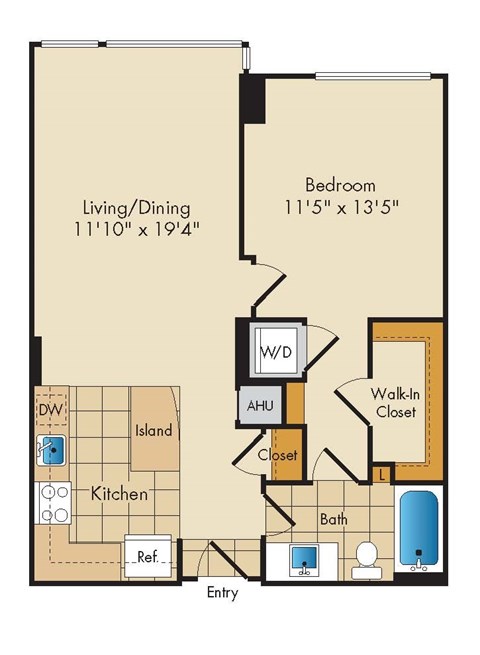 Floor plan for 1 bed, 1 bath, 738 sqft