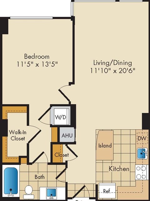Floor plan for 1 bed, 1 bath, 753 sqft