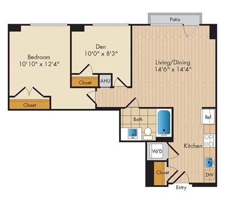 Floor plan for 1 bed, 1 bath, 791 sqft