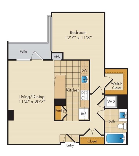 Floor plan for 1 bed, 1 bath, 792 sqft