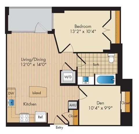 Floor plan for 1 bed, 1 bath, 801 sqft