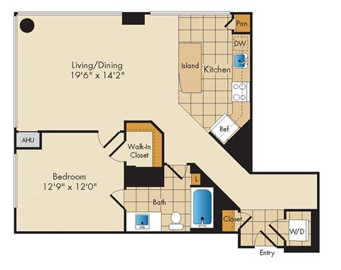 Floor plan for 1 bed, 1 bath, 882 sqft