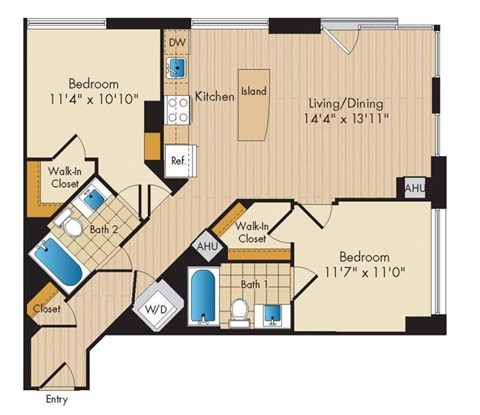 Floor plan for 2 beds, 2 baths, 965 sqft