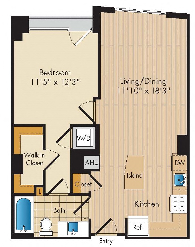 Floor plan for 1 bed, 1 bath, 719 sqft