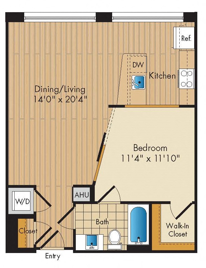 Floor plan for 1 bed, 1 bath, 719 sqft