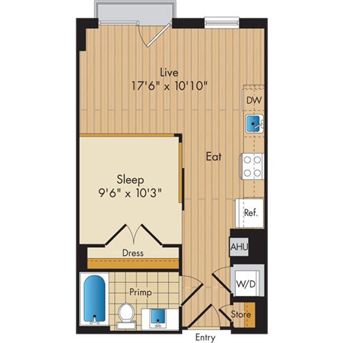 Floor plan for studio, 1 bath, 535 sqft